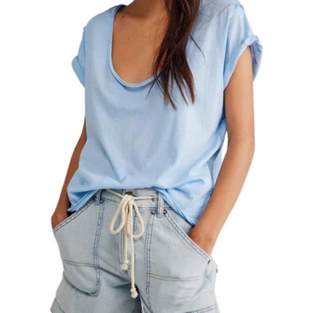 Free People Dylan Tee Light Blue Wide Neck Large
